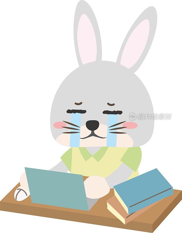 一只兔子在桌子上操作电脑时哭泣的插图/插图材料(矢量插图)